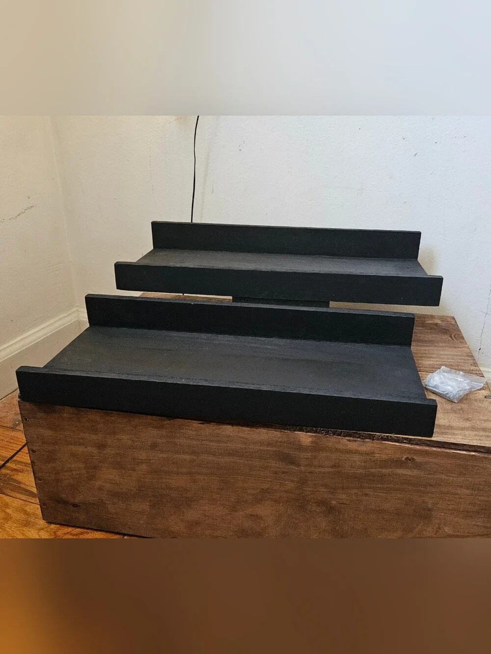 2 Black wood floating shelves nib picture ledge style, featuring a distinct fron